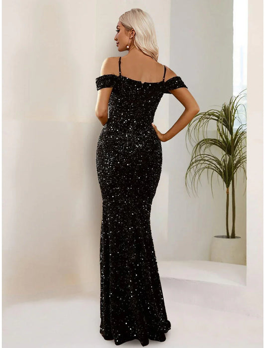 Elegant Black Sequin Mermaid Classic-Neck Sleeveless Classic-Back Floor-Length Evening Dress