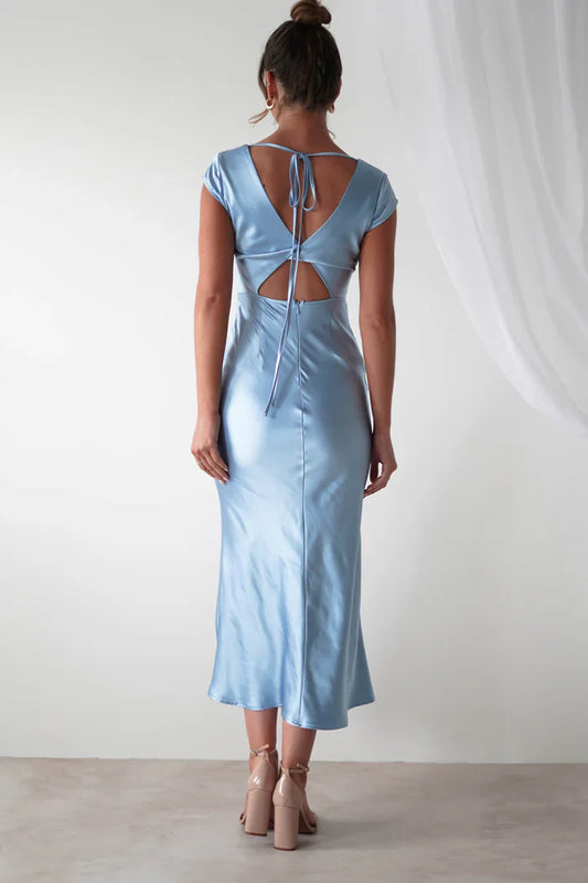 Light Blue Cap-Sleeve V-Neck Tie-Back Satin Prom Dress