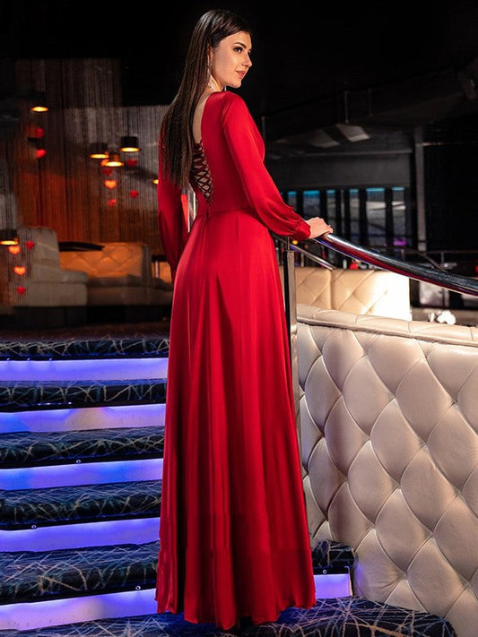 Elegant Red Ruffled A-Line V-Neck Long-Sleeve Classic-Back Floor-Length Evening Dress