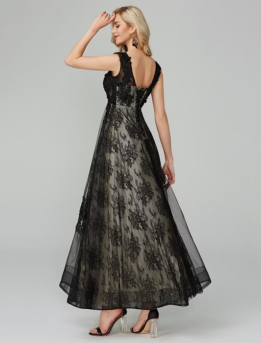 Elegant Red A-Line Classic-Neck Sleeveless Open-Back Floor-Length Evening Dress