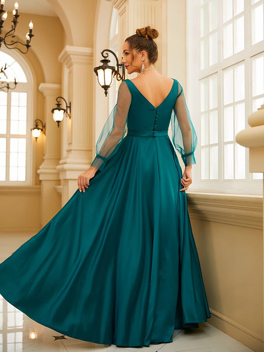 Elegant Red Ruffled A-Line Square-Neck Long-Sleeve Classic-Back Floor-Length Evening Dress