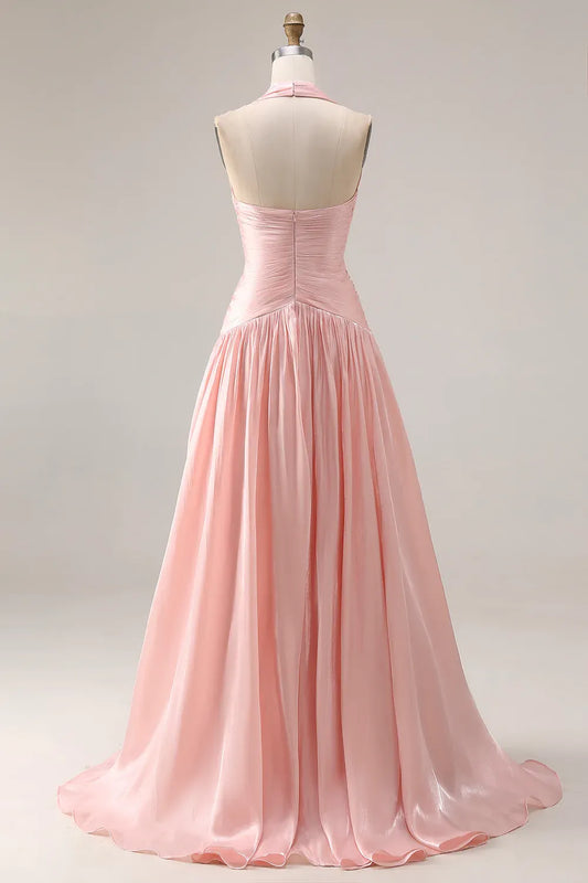 Elegant Pink Slit A-Line Halter-Neck Classic-Sleeve Classic-Back Floor-Length Prom Dress