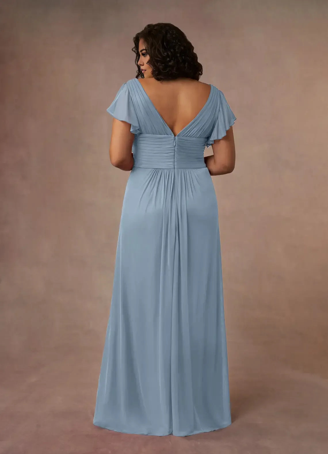 Elegant Dusty Blue A-Line V-Neck Short Sleeve Floor-Length Mother of the Bride Dress