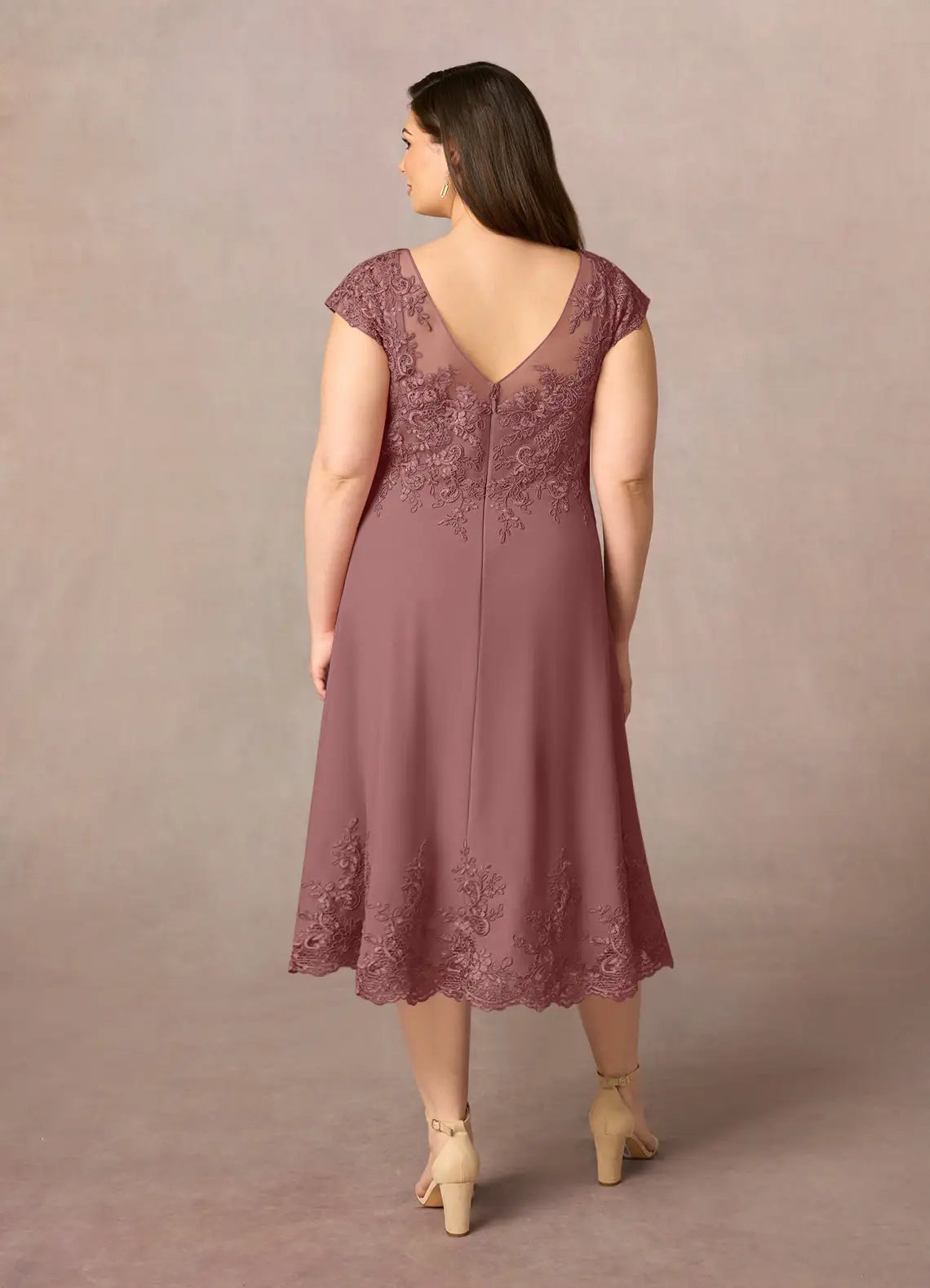 Refined Beautiful Elegant Lace A-Line Illusion Midi Mother of the Bride Dress