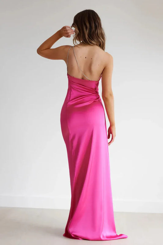 Beautiful Timeless Special Occasion Elegant Hot Pink Satin Sleeveless Floor-Length Prom Dress
