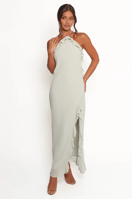 Beautiful Timeless Special Occasion Elegant Sage Green Sheath Halter Sleeveless Prom Dress