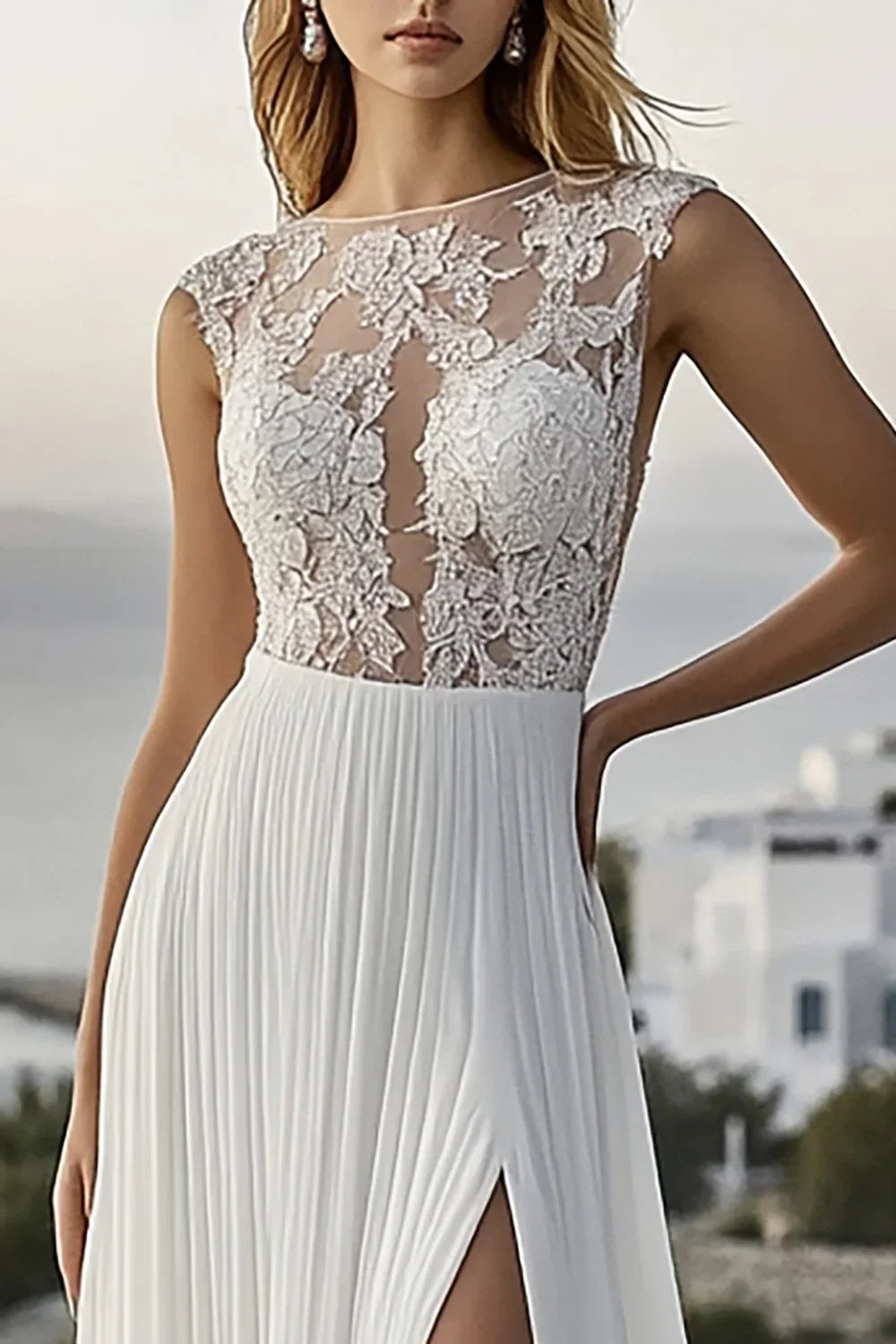 Graceful Stylish Refined Beautiful Timeless Chic Elegant Ivory Chiffon Sleeveless Wedding Dress