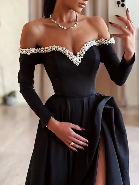 Elegant Red Beaded A-Line Off-the-Shoulder Classic-Sleeve Classic-Back Floor-Length Prom Dress