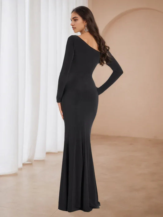 Elegant Black Slit A-Line One-Shoulder Classic-Sleeve Classic-Back Floor-Length Prom Dress