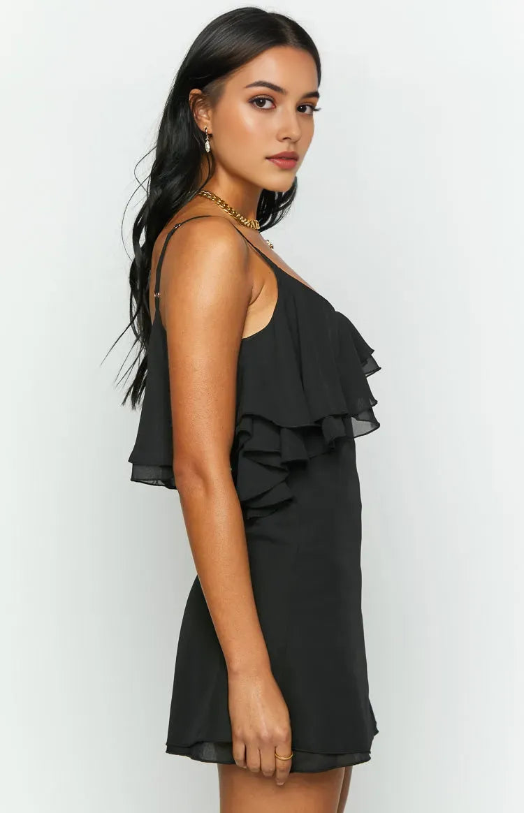 Elegant Black Ruffled A-Line One-Shoulder Sleeveless Classic-Back Floor-Length Homecoming Dress