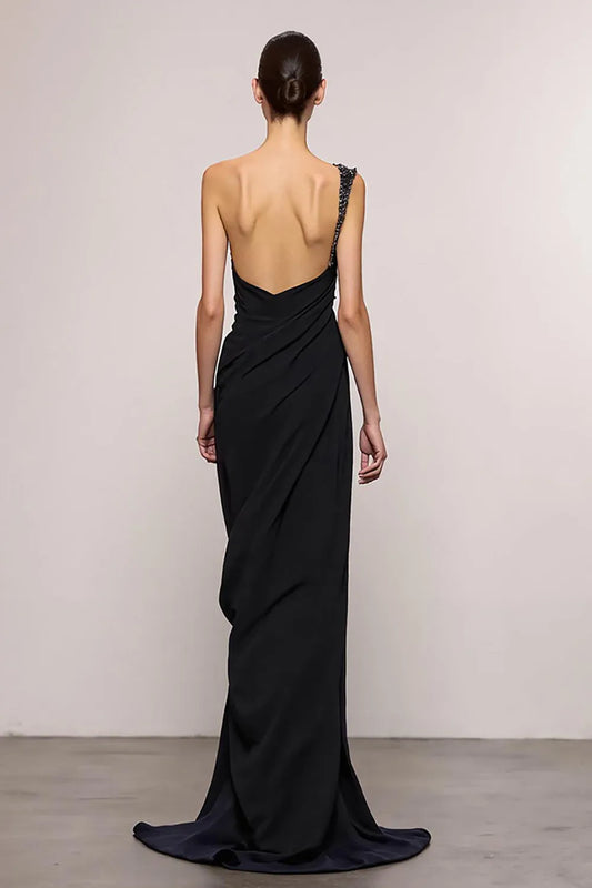 Elegant Black Sheath One-Shoulder Classic-Sleeve Backless Floor-Length Evening Dress