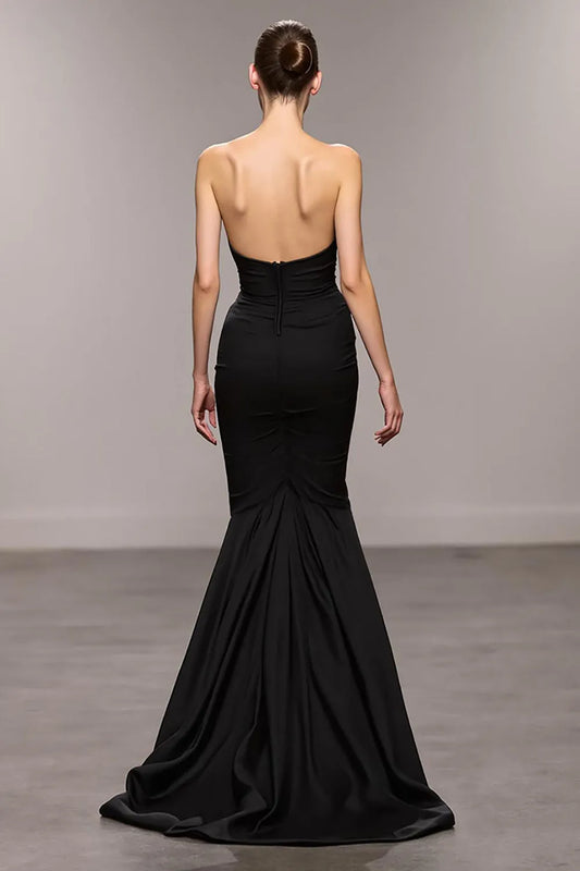Elegant Black Slit Mermaid Sweetheart Classic-Sleeve Classic-Back Floor-Length Evening Dress