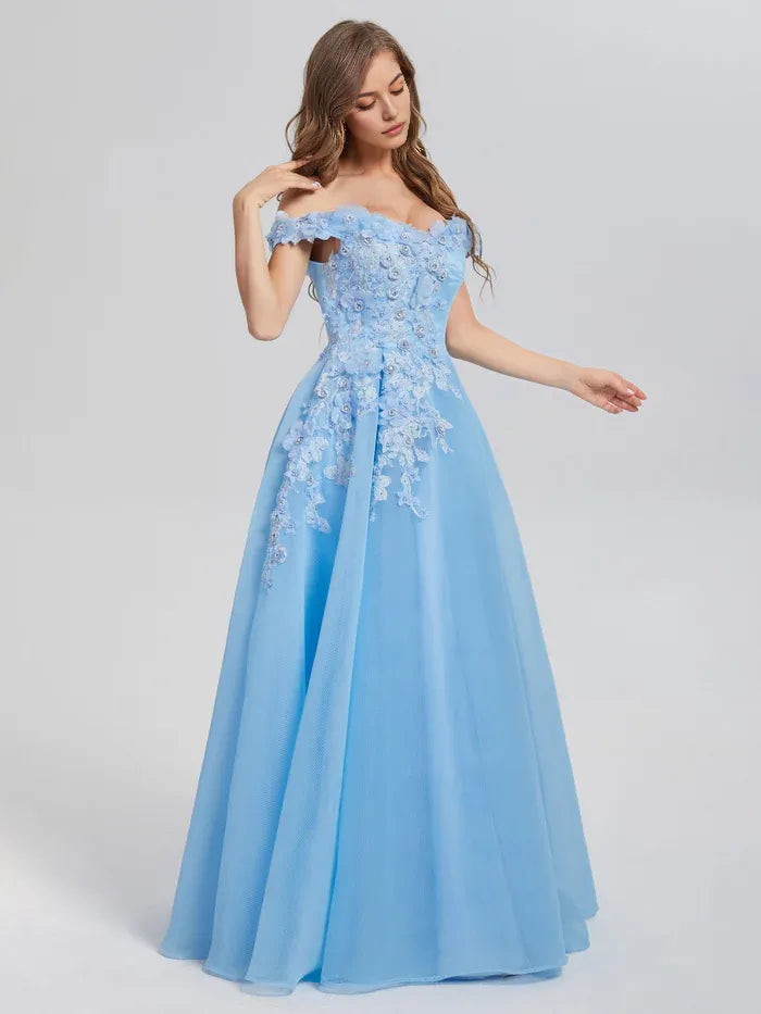 Elegant Red Applique A-Line Off-the-Shoulder Classic-Sleeve Classic-Back Floor-Length Prom Dress
