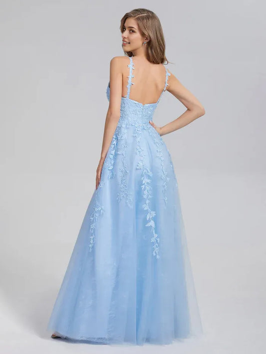 Elegant Red Applique A-Line V-Neck Classic-Sleeve Backless Floor-Length Prom Dress