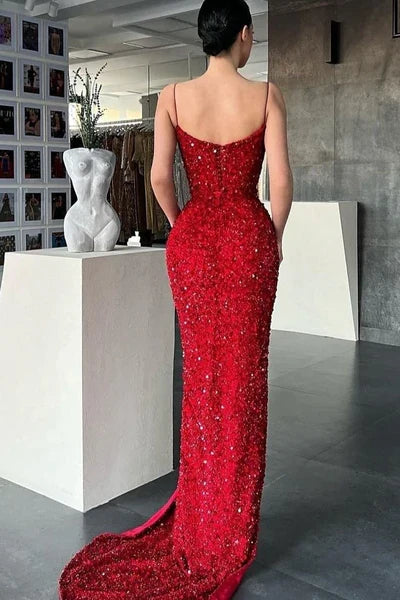 Elegant Burgundy Sequin Mermaid Classic-Neck Sleeveless Classic-Back Floor-Length Prom Dress