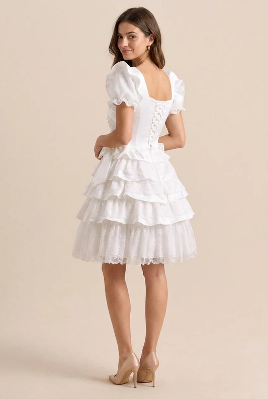 Beautiful Timeless Elegant Ivory Lace A-Line Square Neck Ruffle Mini Homecoming Dress