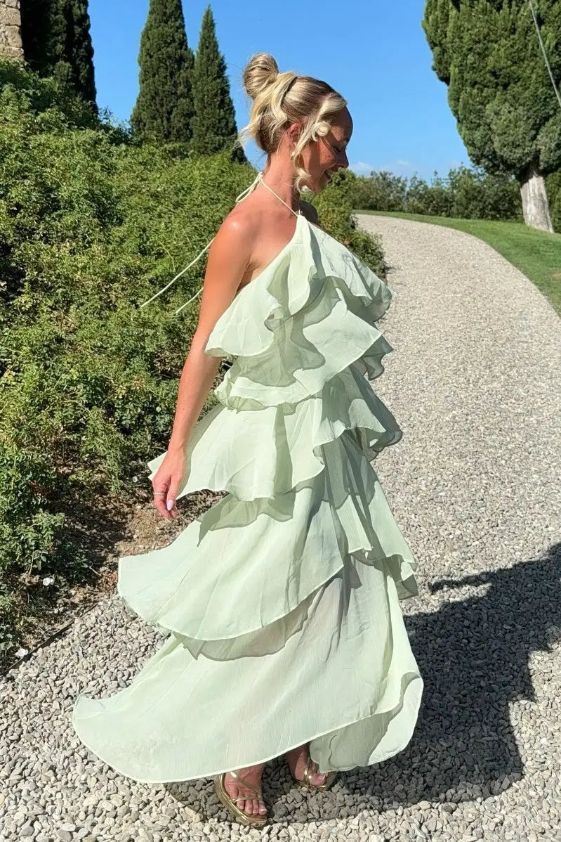 Refined Beautiful Timeless Elegant Sage Green Lace Halter Sleeveless Floor-Length Prom Dress