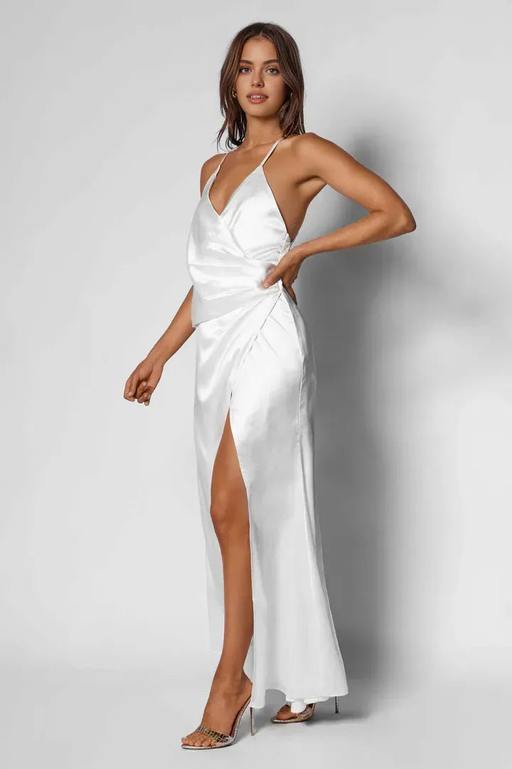 Beautiful Timeless Special Occasion Sophisticated Elegant White Satin Sleeveless Floor-Length Wedding Dress