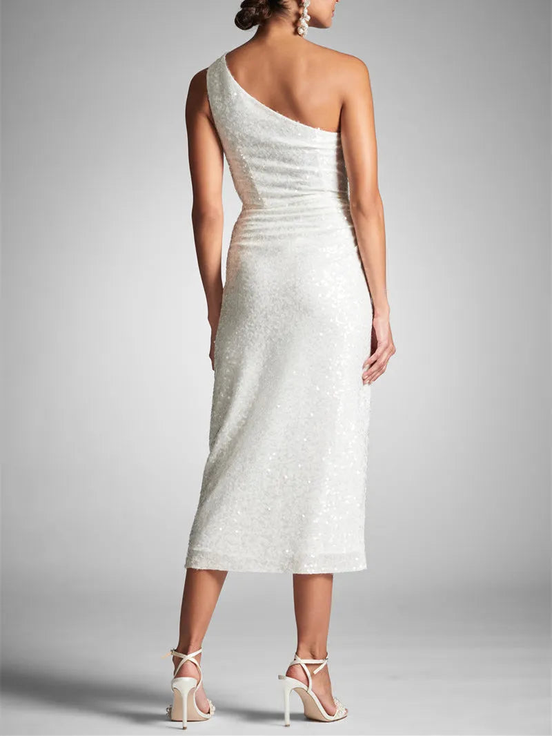 Elegant Red Beaded A-Line One-Shoulder Classic-Sleeve Classic-Back Tea-Length Homecoming Dress