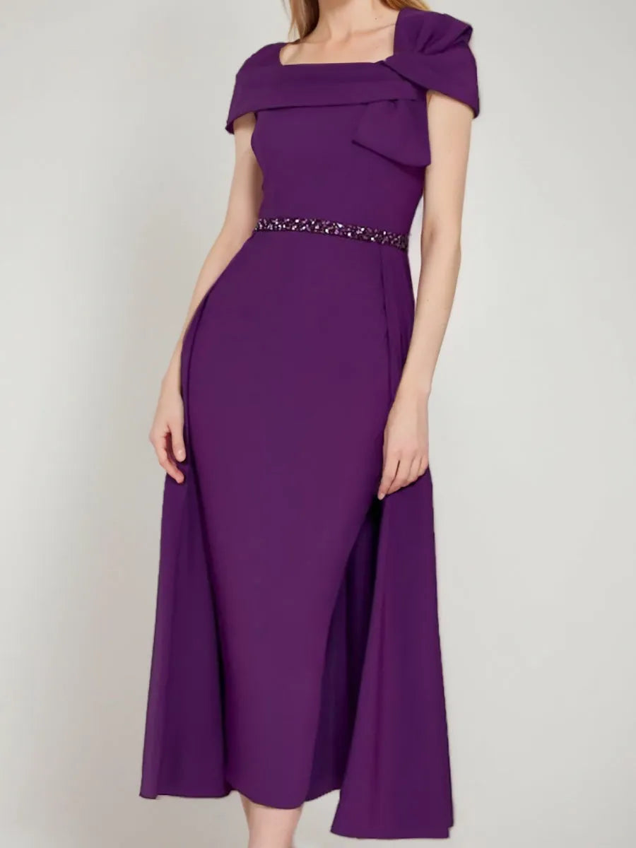 Elegant Red A-Line Square-Neck Classic-Sleeve Classic-Back Floor-Length Mother-of-the-Bride Dress