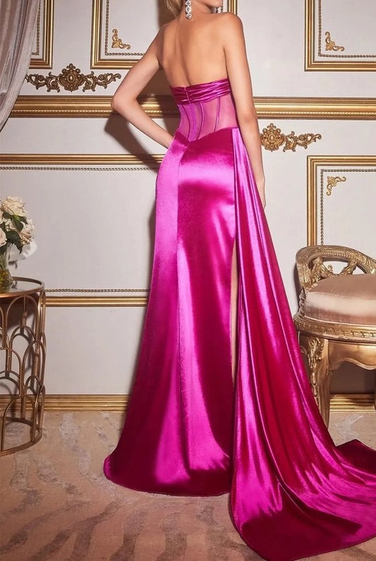 Elegant Red Slit A-Line Strapless Classic-Sleeve Classic-Back Floor-Length Prom Dress