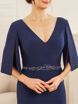 Elegant Red Applique A-Line V-Neck Half-Sleeve Classic-Back Floor-Length Mother-of-the-Bride Dress