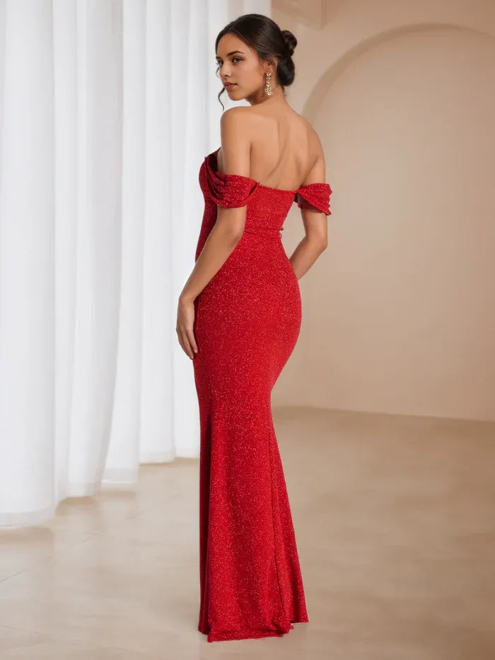 Elegant Red Slit A-Line Classic-Neck Classic-Sleeve Classic-Back Floor-Length Prom Dress