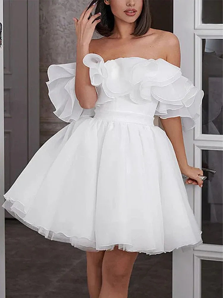 Timeless Special Occasion Elegant White Organza A-Line Off-The-Shoulder Sleeveless Mini Wedding Dress