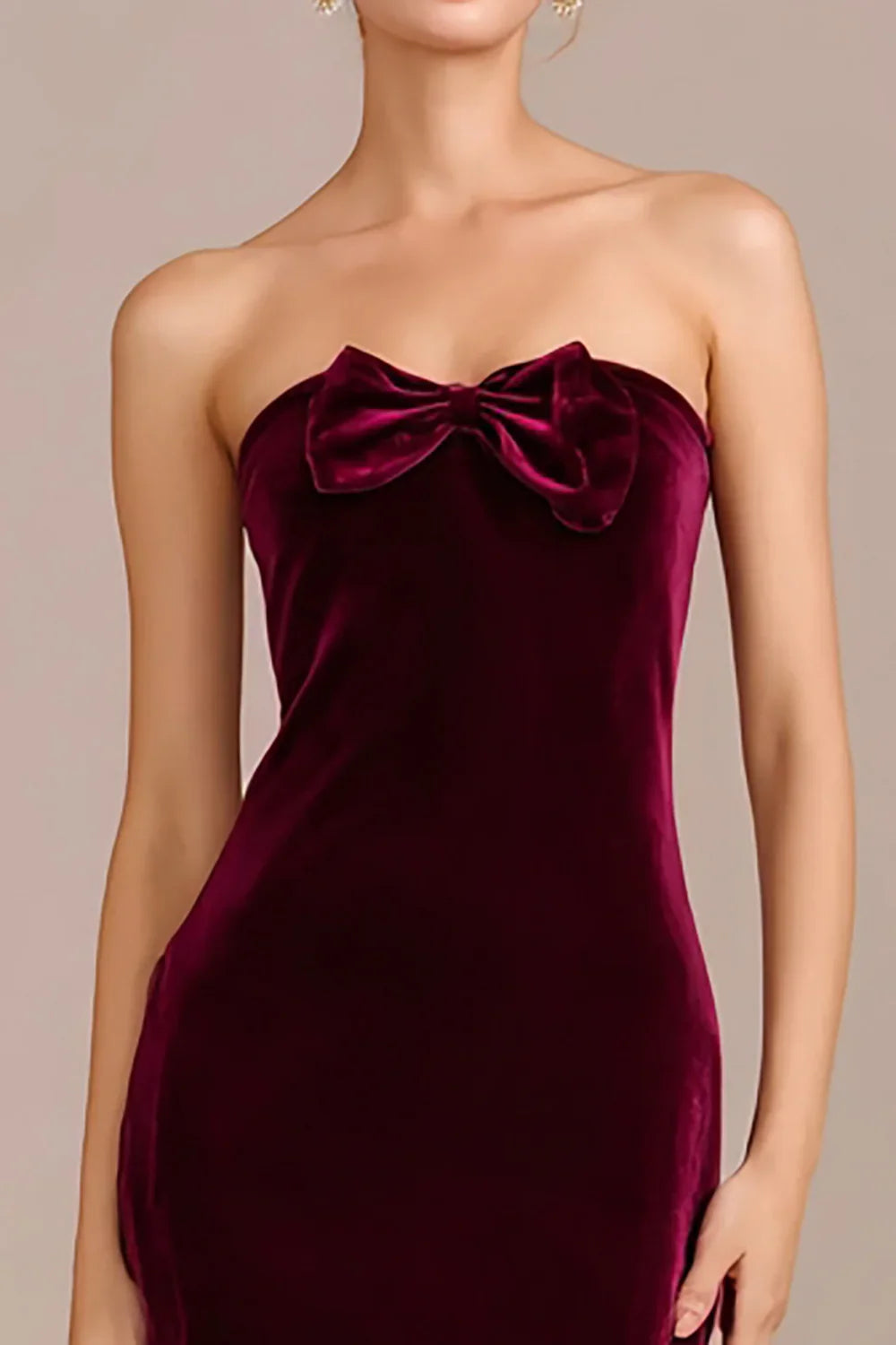 Refined Beautiful Timeless Chic Elegant Burgundy Velvet Mermaid Strapless Sleeveless Prom Dress