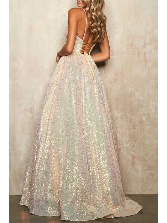 Elegant Red Sequin A-Line Classic-Neck Sleeveless Classic-Back Floor-Length Prom Dress