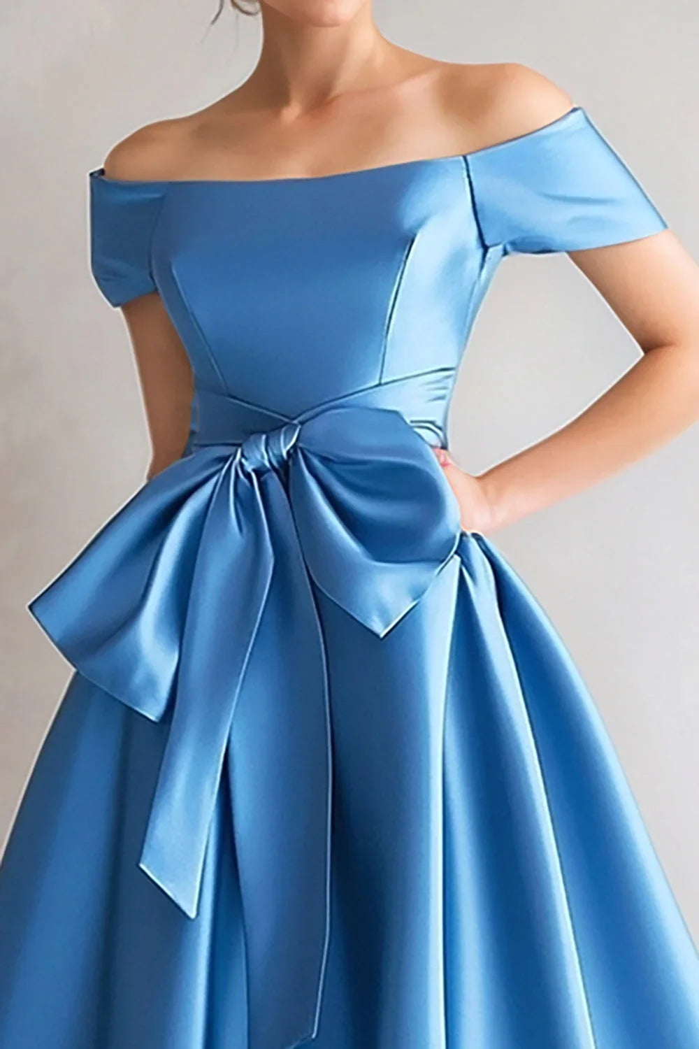 Elegant Sky Blue Satin A-Line Short Sleeve Short Mother of the Bride Dress
