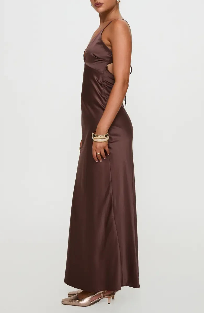Beautiful Timeless Special Occasion Elegant Chocolate Brown Satin Sleeveless Floor-Length Prom Dress