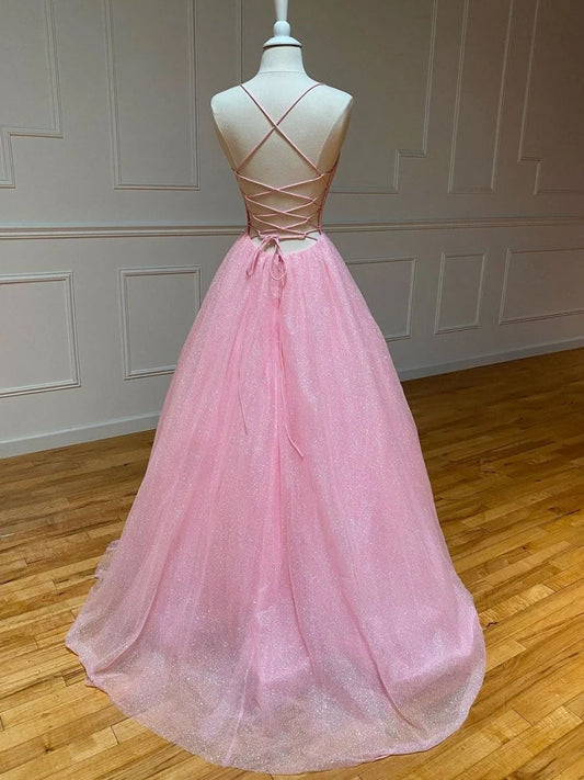 Elegant Pink Lace A-Line V-Neck Sleeveless Lace-Up-Back Floor-Length Prom Dress