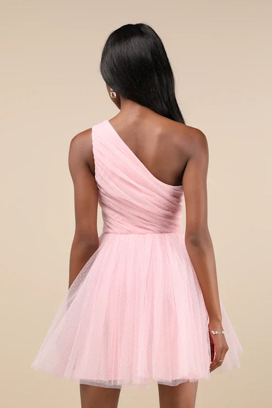 Elegant Pink A-Line One-Shoulder Classic-Sleeve Classic-Back Floor-Length Homecoming Dress