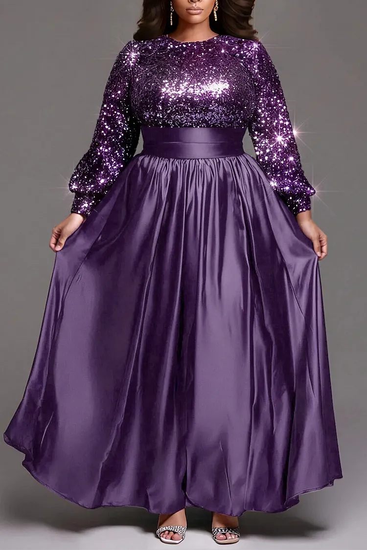 Special Occasion Sophisticated Elegant Purple Sequins A-Line Long Sleeve Long Prom Dress