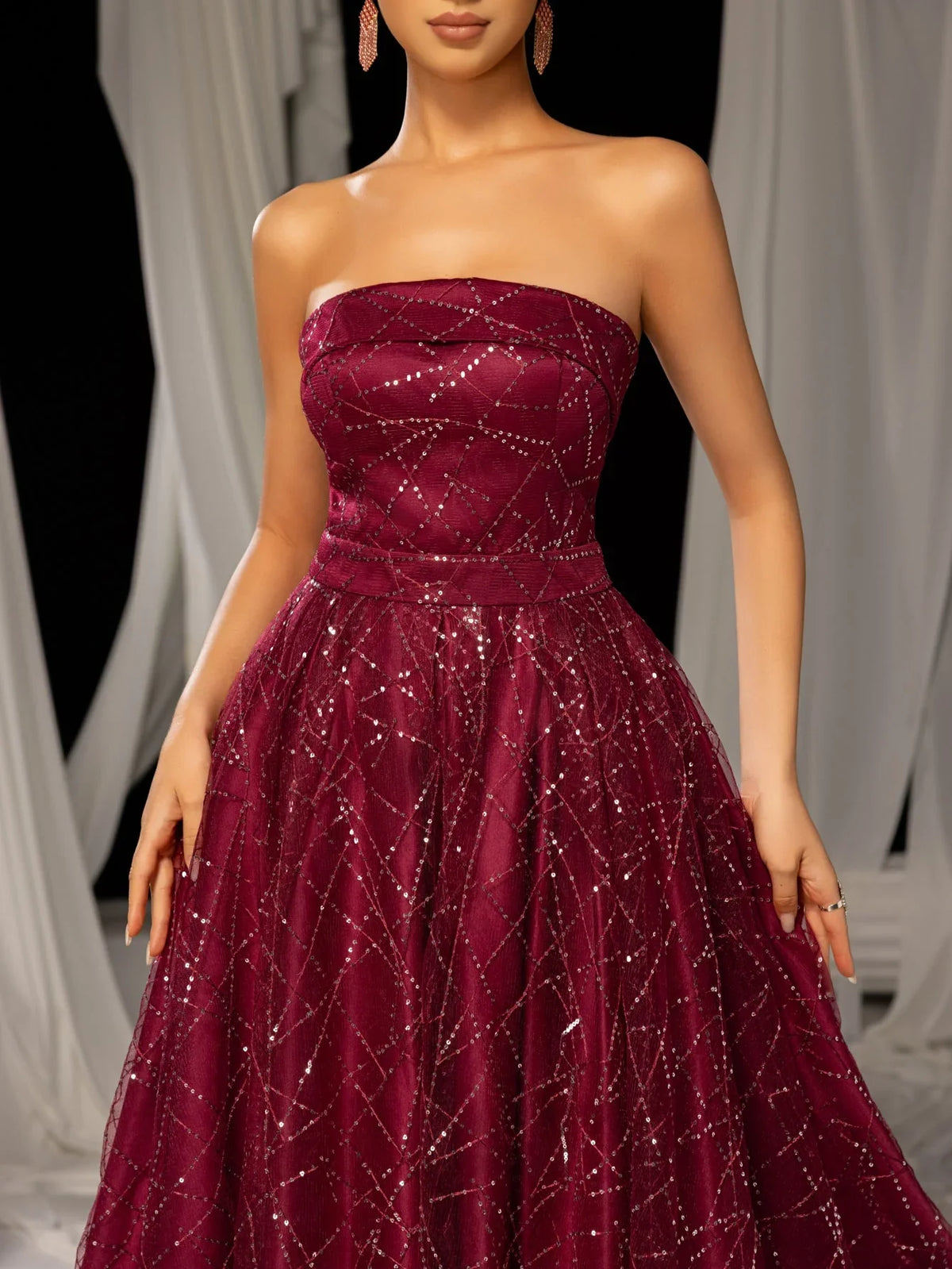 Special Occasion Sophisticated Graceful Elegant Burgundy Lace A-Line Strapless Sleeveless Tea-Length Prom Dress