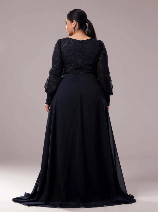 Refined Elegant Black Chiffon A-Line Square Neck Long Sleeve Floor-Length Prom Dress