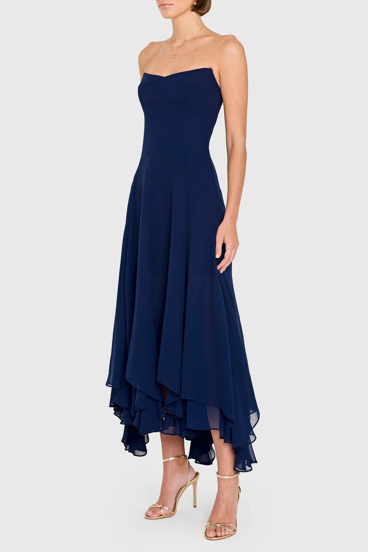 Timeless Chic Elegant Navy Blue Chiffon A-Line Strapless Ruffle Midi Prom Dress