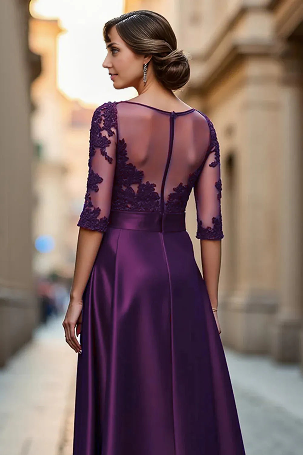 Sophisticated Elegant Burgundy Satin Long Sleeve Floor-Length Mother of the Bride Dress