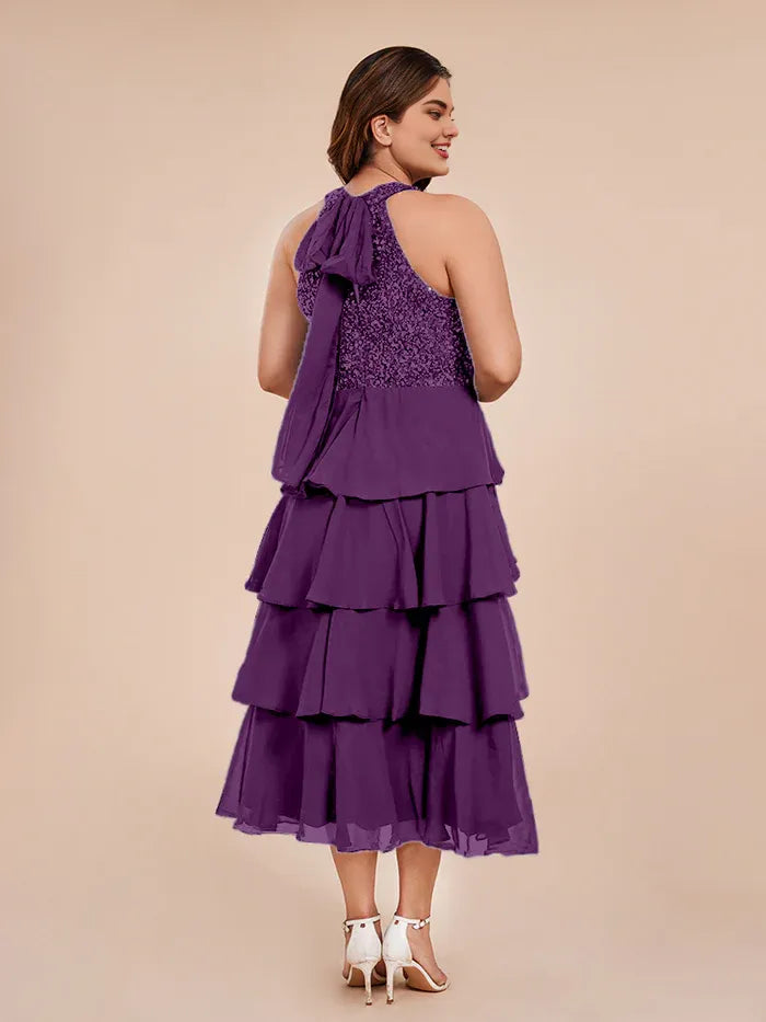 Graceful Stylish Elegant Purple Chiffon Halter Sleeveless Mother of the Bride Dress