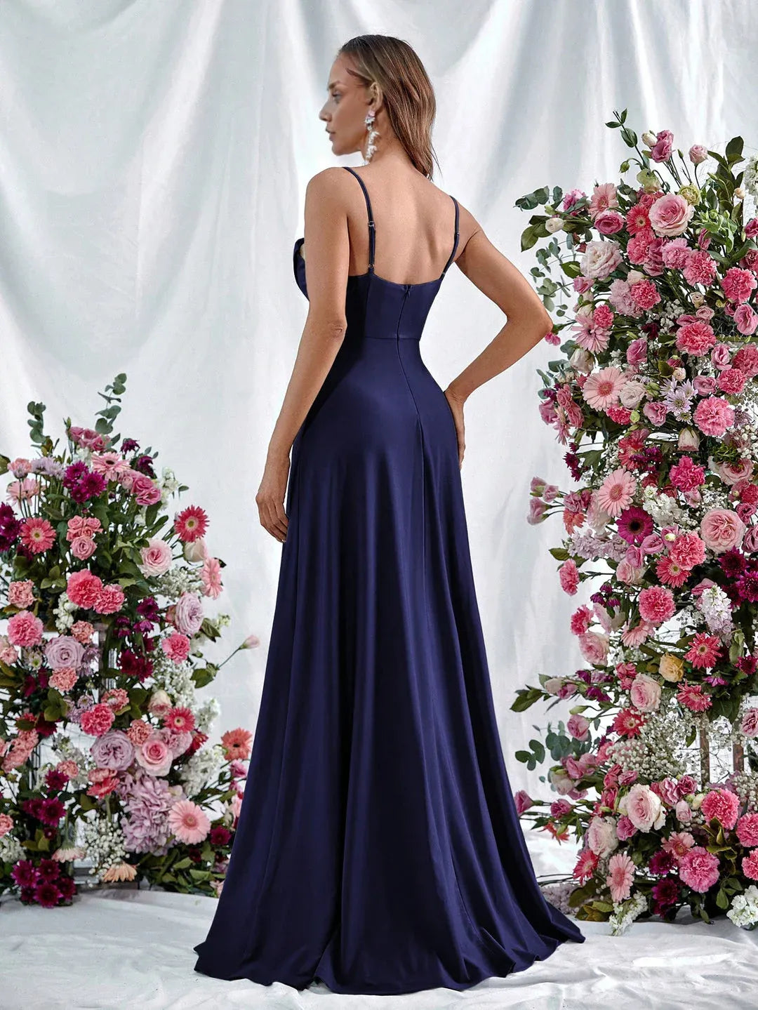 Special Occasion Sophisticated Graceful Stylish Refined Elegant Navy Blue Satin Sleeveless Prom Dress
