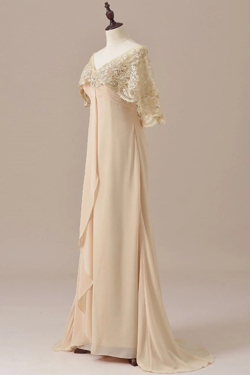 Stylish Elegant Champagne Chiffon V-Neck Draped Floor-Length Mother of the Bride Dress