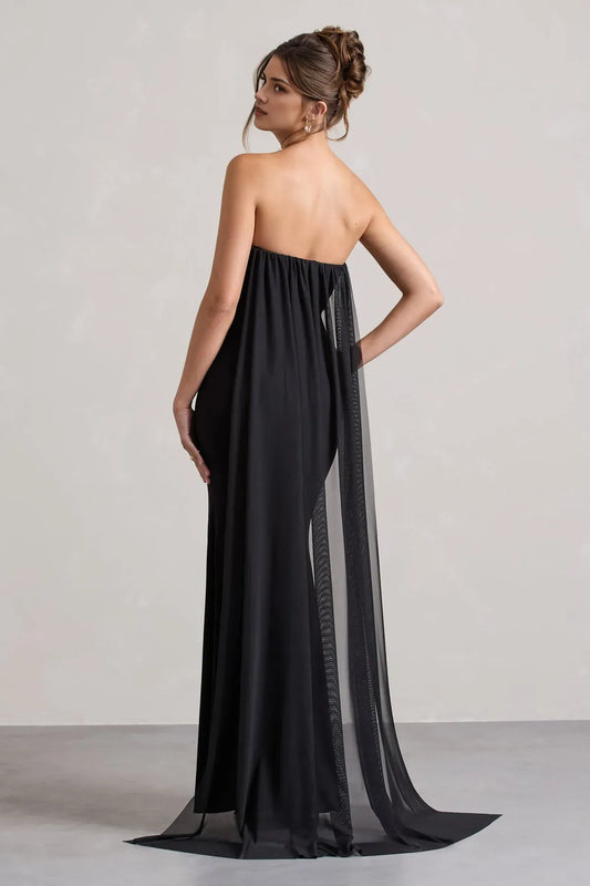 Elegant Black Floral A-Line Strapless Classic-Sleeve Classic-Back Floor-Length Prom Dress