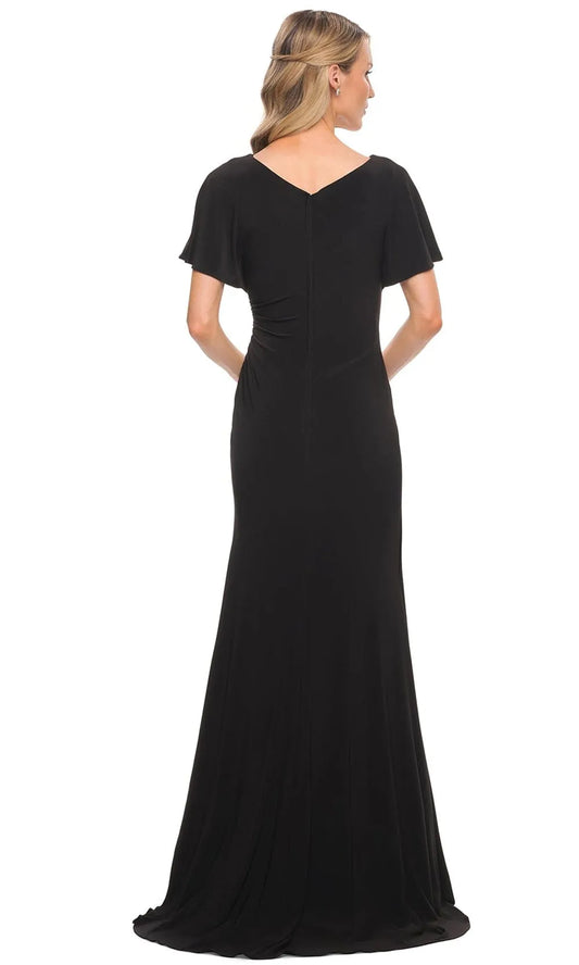 Elegant Black A-Line V-Neck Classic-Sleeve Classic-Back Floor-Length Evening Dress