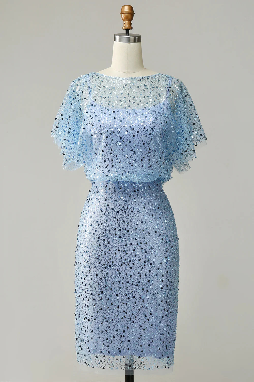 Graceful Elegant Light Blue Sequin Bodycon Knee-Length Mother of the Bride Dress