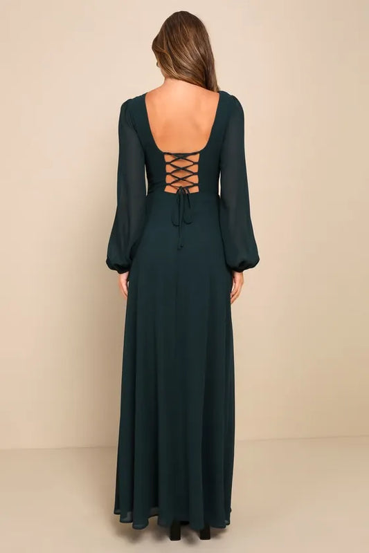Elegant Green Slit A-Line V-Neck Long-Sleeve Classic-Back Floor-Length Evening Dress
