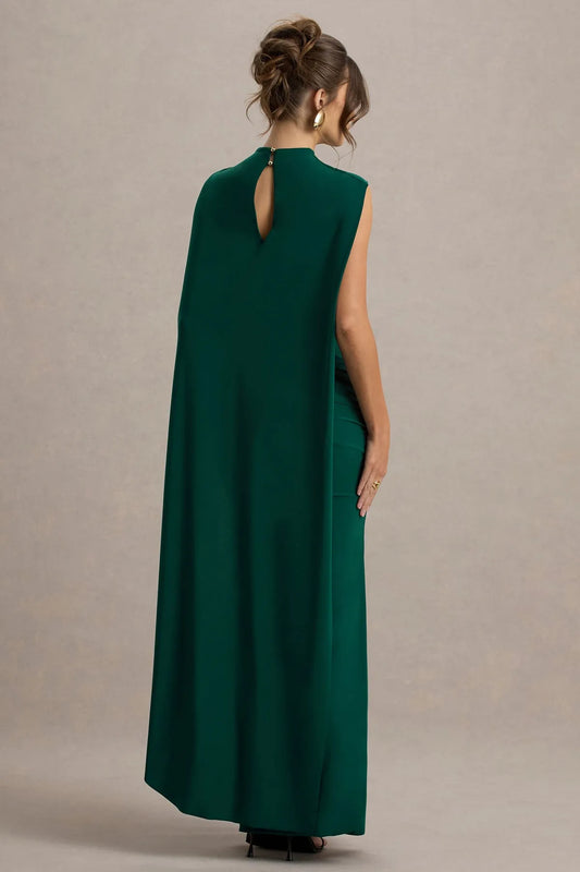 Elegant Green A-Line Classic-Neck Classic-Sleeve Classic-Back Floor-Length Prom Dress