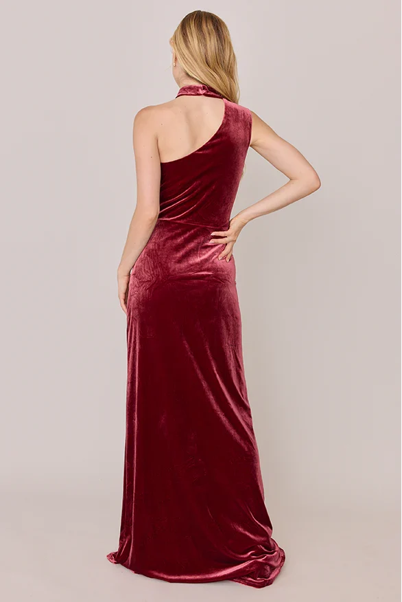 Refined Beautiful Timeless Elegant Burgundy Velvet High Neck Sleeveless Floor-Length Prom Dress