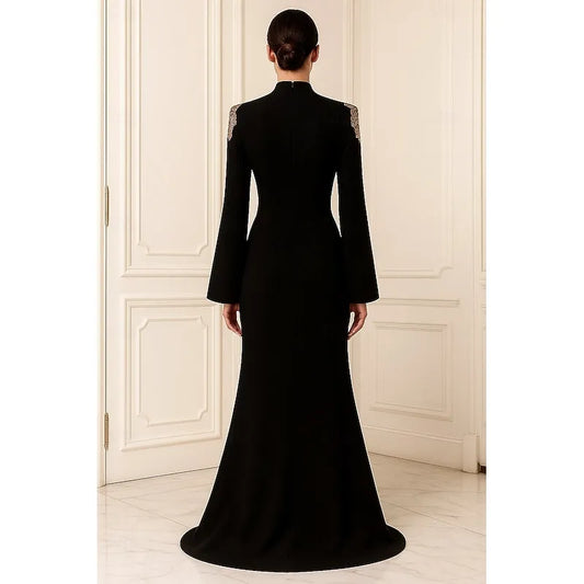 Elegant Black Applique Mermaid High-Neck Long-Sleeve Classic-Back Floor-Length Evening Dress