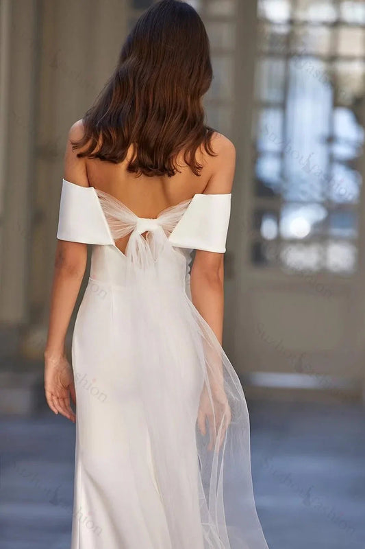Elegant Black Mermaid Off-the-Shoulder Classic-Sleeve Classic-Back Floor-Length Wedding Dress